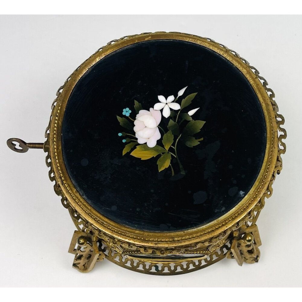 Antique 6.5" Pietra Dura Micromosaic Round Gilt-Bronze JEWELRY BOX w/ Velvet Key - Picture 7 of 12